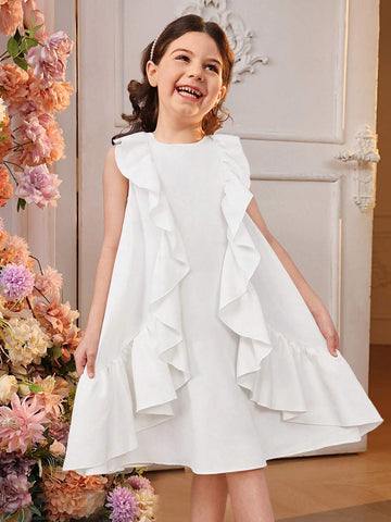 Young Girls' Loose Cute Round Neck Style Irregular Ruffled A-Line Dress With Irregular Pleated Hem