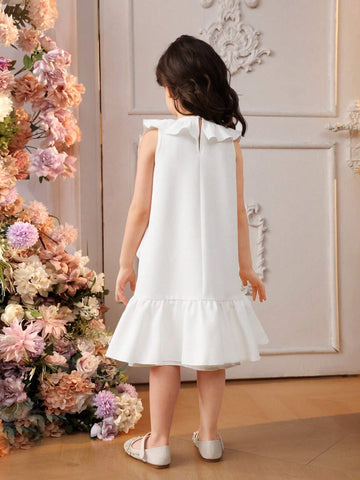 Young Girls' Loose Cute Round Neck Style Irregular Ruffled A-Line Dress With Irregular Pleated Hem