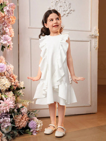 Young Girls' Loose Cute Round Neck Style Irregular Ruffled A-Line Dress With Irregular Pleated Hem