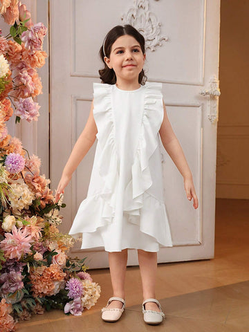 Young Girls' Loose Cute Round Neck Style Irregular Ruffled A-Line Dress With Irregular Pleated Hem