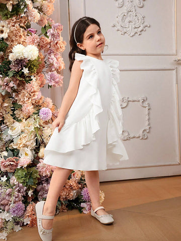 Young Girls' Loose Cute Round Neck Style Irregular Ruffled A-Line Dress With Irregular Pleated Hem