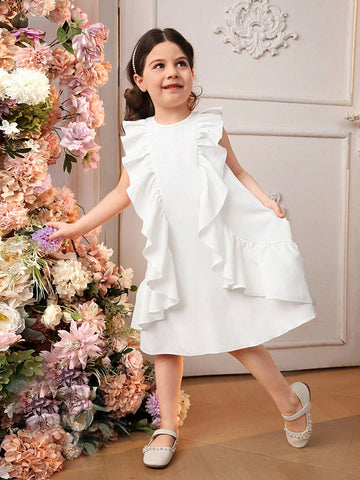 Young Girls' Loose Cute Round Neck Style Irregular Ruffled A-Line Dress With Irregular Pleated Hem