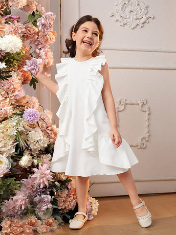 Young Girls' Loose Cute Round Neck Style Irregular Ruffled A-Line Dress With Irregular Pleated Hem