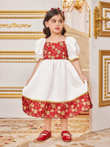 Young Girls' Loose Fit Vacation Style Color Block Print Bubble Sleeve Midi Dress