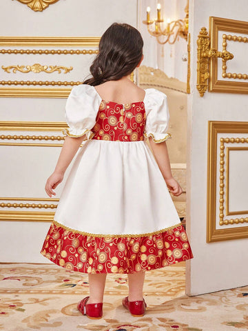 Young Girls' Loose Fit Vacation Style Color Block Print Bubble Sleeve Midi Dress