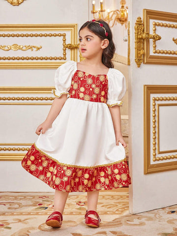 Young Girls' Loose Fit Vacation Style Color Block Print Bubble Sleeve Midi Dress