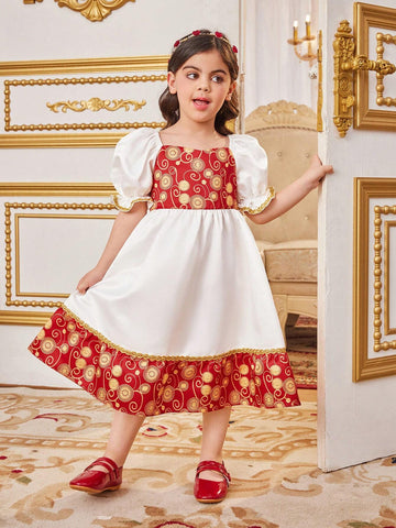 Young Girls' Loose Fit Vacation Style Color Block Print Bubble Sleeve Midi Dress