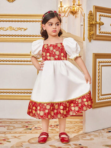 Young Girls' Loose Fit Vacation Style Color Block Print Bubble Sleeve Midi Dress