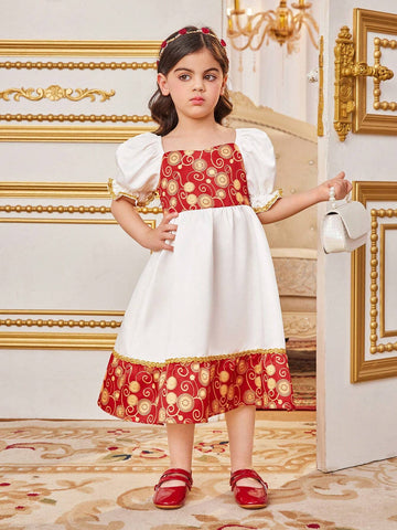 Young Girls' Loose Fit Vacation Style Color Block Print Bubble Sleeve Midi Dress