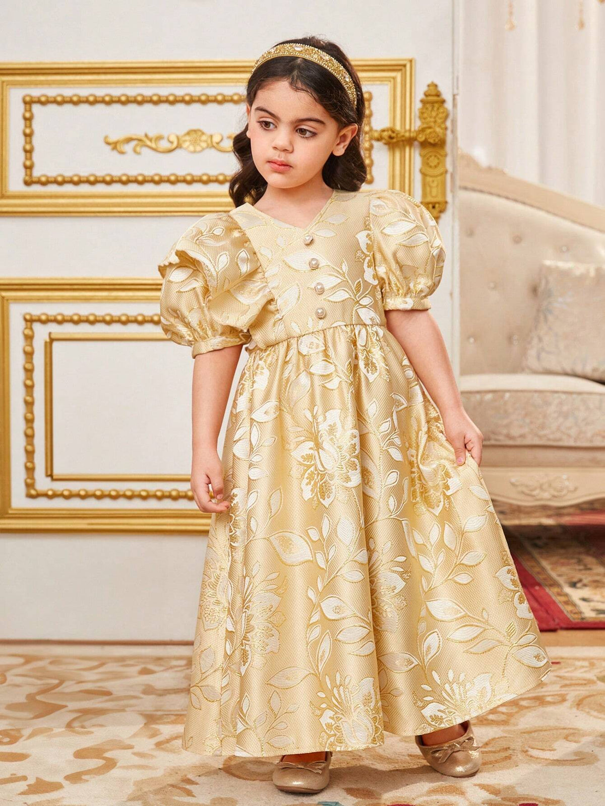 Young Girl's Loose & Elegant Floral Jacquard V-Neck Asymmetric Sleeve Dress