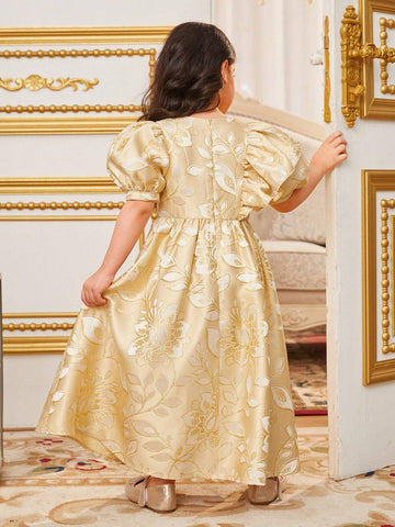 Young Girl's Loose & Elegant Floral Jacquard V-Neck Asymmetric Sleeve Dress