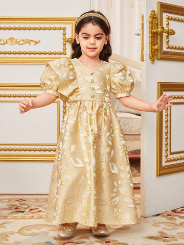 Young Girl's Loose & Elegant Floral Jacquard V-Neck Asymmetric Sleeve Dress