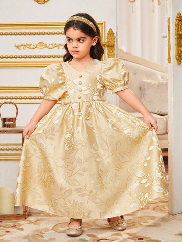 Young Girl's Loose & Elegant Floral Jacquard V-Neck Asymmetric Sleeve Dress