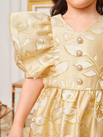 Young Girl's Loose & Elegant Floral Jacquard V-Neck Asymmetric Sleeve Dress