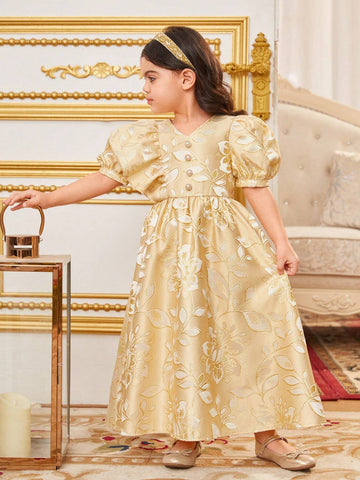 Young Girl's Loose & Elegant Floral Jacquard V-Neck Asymmetric Sleeve Dress