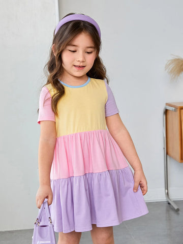 Young Girls' Lovely Casual Short Sleeve Colorblock Knit Comfortable Dress With Round Neckline For Vacation