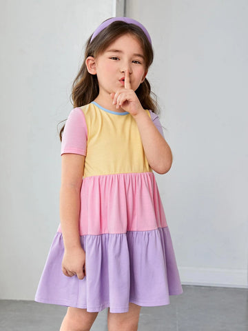 Young Girls' Lovely Casual Short Sleeve Colorblock Knit Comfortable Dress With Round Neckline For Vacation