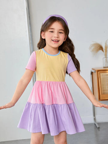 Young Girls' Lovely Casual Short Sleeve Colorblock Knit Comfortable Dress With Round Neckline For Vacation