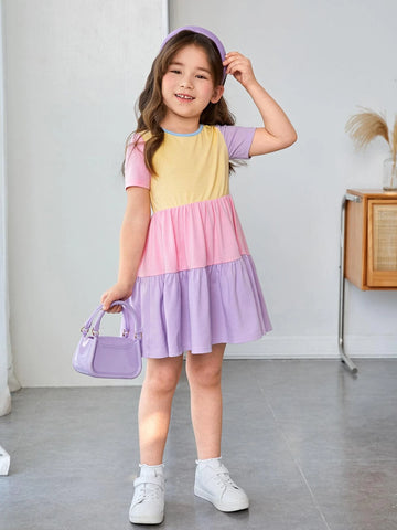 Young Girls' Lovely Casual Short Sleeve Colorblock Knit Comfortable Dress With Round Neckline For Vacation