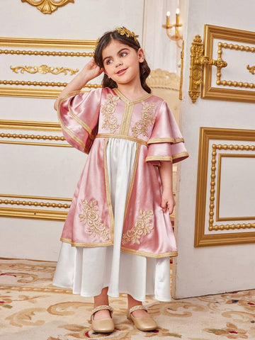 Young Girls' Lovely Color Block Patchwork Belted Tunic Dress With Ruffle Hemline And Embroidered Straps For Vacation