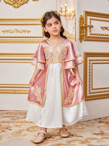 Young Girls' Lovely Color Block Patchwork Belted Tunic Dress With Ruffle Hemline And Embroidered Straps For Vacation