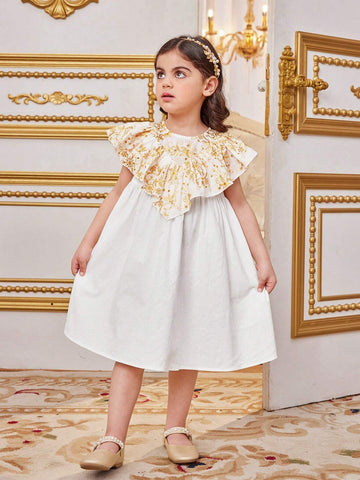 Young Girl's Lovely Embroidered Fabric Ruffle Hem Dress