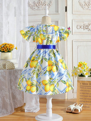 Young Girl's New Floral Print Round Neck Short Flying Sleeve Waist Cinched A-Line Dress