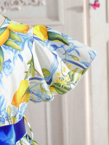 Young Girl's New Floral Print Round Neck Short Flying Sleeve Waist Cinched A-Line Dress