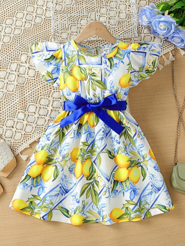 Young Girl's New Floral Print Round Neck Short Flying Sleeve Waist Cinched A-Line Dress