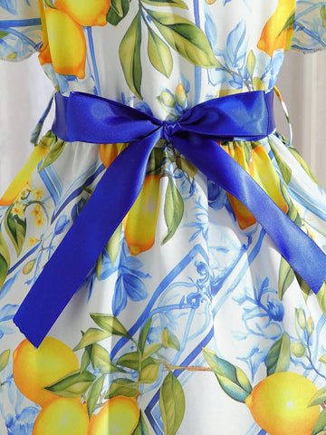 Young Girl's New Floral Print Round Neck Short Flying Sleeve Waist Cinched A-Line Dress
