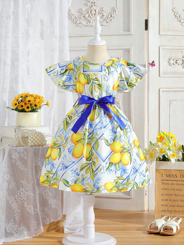 Young Girl's New Floral Print Round Neck Short Flying Sleeve Waist Cinched A-Line Dress