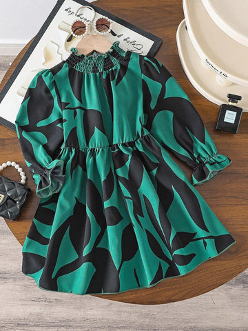 Young Girls New French Retro Floral Print Puff Sleeve Waist Gathered A-Line Midi Dress, Casual Loose Fit, Spring Autumn