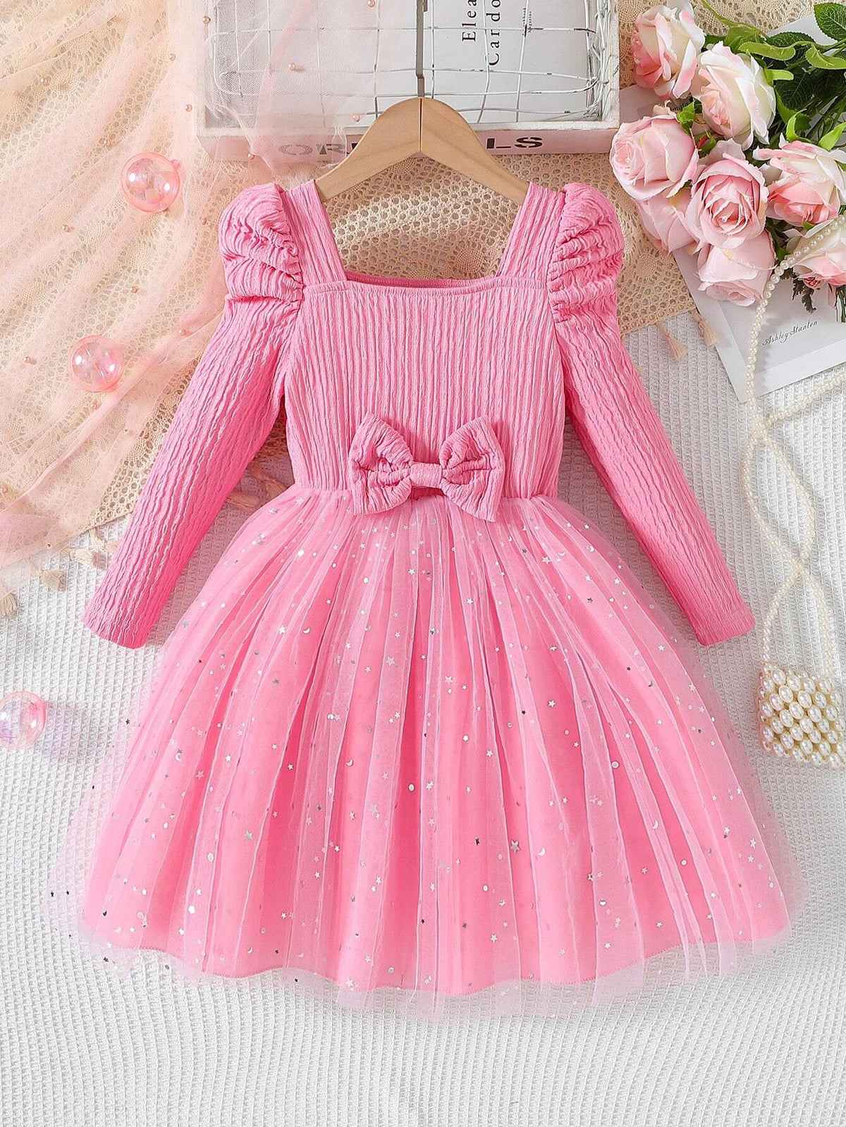 Young Girls New Pink Star Sequin Mesh Tutu Dress Princess Party Gown With Bow Tie And Long Sleeves, Spring/Autumn