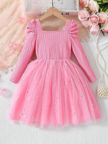 Young Girls New Pink Star Sequin Mesh Tutu Dress Princess Party Gown With Bow Tie And Long Sleeves, Spring/Autumn