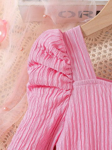 Young Girls New Pink Star Sequin Mesh Tutu Dress Princess Party Gown With Bow Tie And Long Sleeves, Spring/Autumn