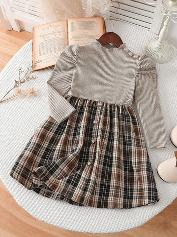 Young Girls New Puff Sleeve A-Line Plaid Fashion Versatile Elastic Waist Long Sleeve Dress, Single Item, Spring/Autumn