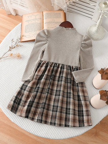 Young Girls New Puff Sleeve A-Line Plaid Fashion Versatile Elastic Waist Long Sleeve Dress, Single Item, Spring/Autumn