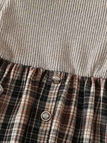 Young Girls New Puff Sleeve A-Line Plaid Fashion Versatile Elastic Waist Long Sleeve Dress, Single Item, Spring/Autumn