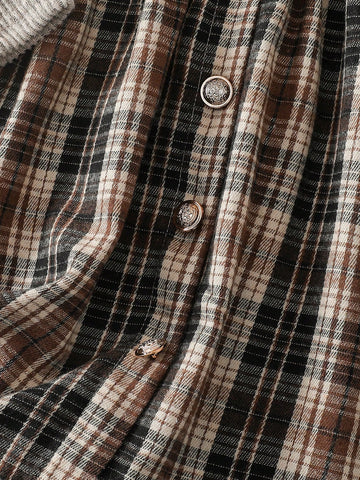 Young Girls New Puff Sleeve A-Line Plaid Fashion Versatile Elastic Waist Long Sleeve Dress, Single Item, Spring/Autumn
