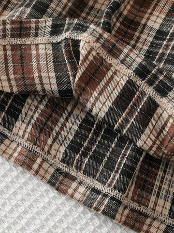 Young Girls New Puff Sleeve A-Line Plaid Fashion Versatile Elastic Waist Long Sleeve Dress, Single Item, Spring/Autumn