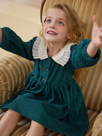 Young Girls New Round Neck Lantern Sleeve Elastic Waist Loose A-Line Midi Casual Dress, 1pc Set For Spring And Autumn