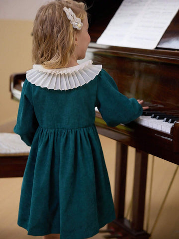 Young Girls New Round Neck Lantern Sleeve Elastic Waist Loose A-Line Midi Casual Dress, 1pc Set For Spring And Autumn