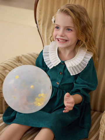 Young Girls New Round Neck Lantern Sleeve Elastic Waist Loose A-Line Midi Casual Dress, 1pc Set For Spring And Autumn