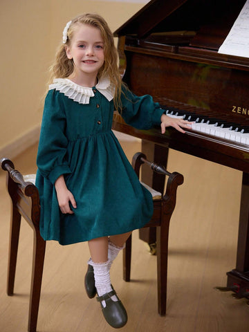 Young Girls New Round Neck Lantern Sleeve Elastic Waist Loose A-Line Midi Casual Dress, 1pc Set For Spring And Autumn