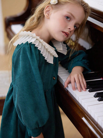 Young Girls New Round Neck Lantern Sleeve Elastic Waist Loose A-Line Midi Casual Dress, 1pc Set For Spring And Autumn