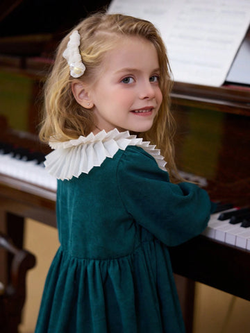 Young Girls New Round Neck Lantern Sleeve Elastic Waist Loose A-Line Midi Casual Dress, 1pc Set For Spring And Autumn