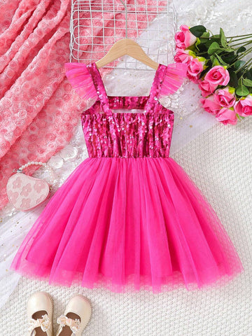 Young Girl's New Summer Dress With Beaded Letters/Prints, Mesh Patchwork, And Flying Sleeves
