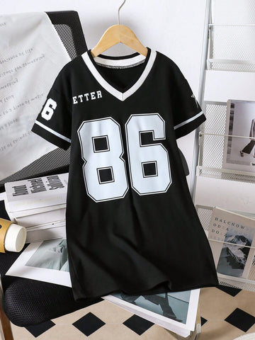 Young Girl's Number Print V-Neck Short Sleeve Casual Dress