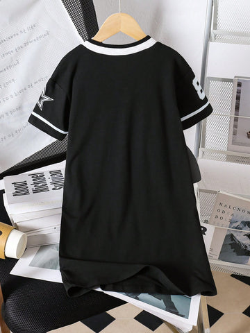 Young Girl's Number Print V-Neck Short Sleeve Casual Dress