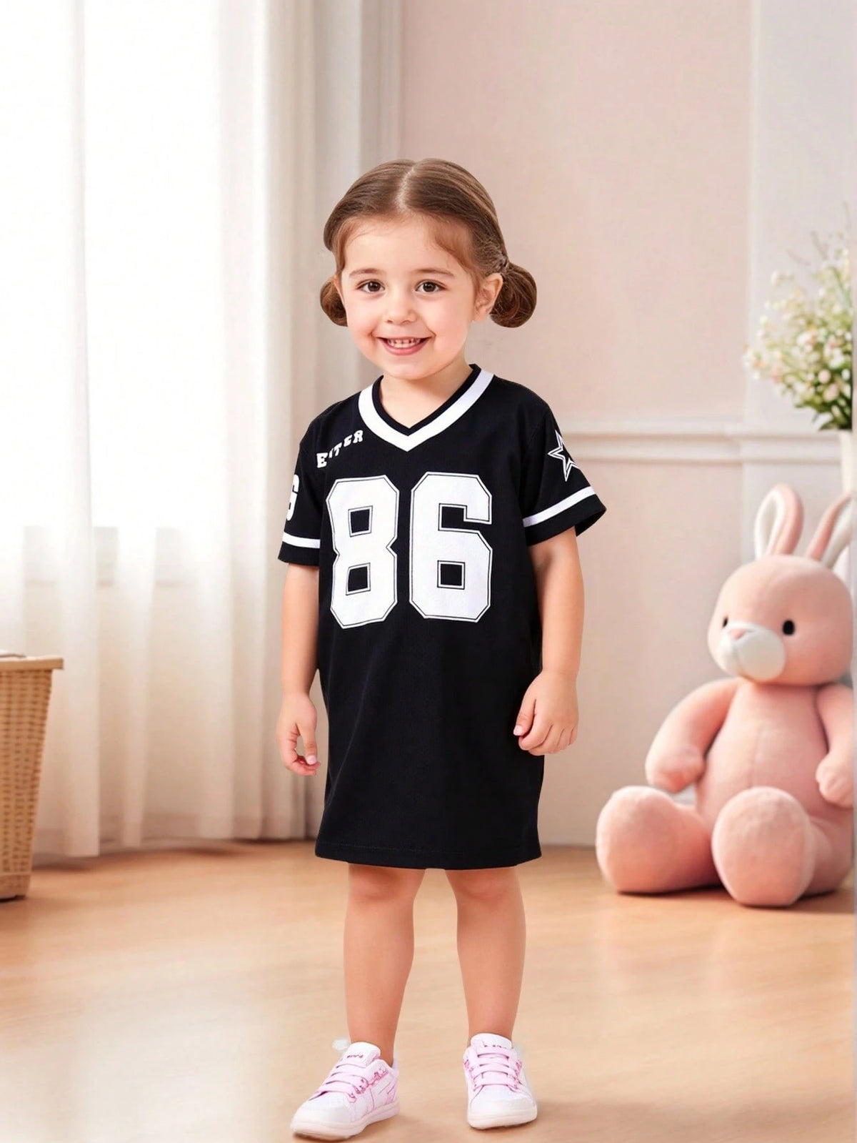 Young Girl's Number Print V-Neck Short Sleeve Casual Dress